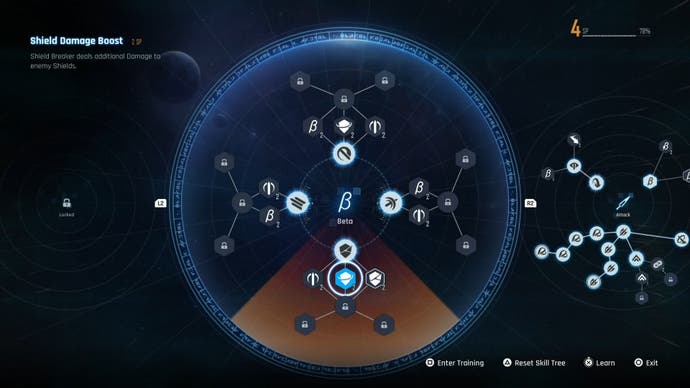 Das Beta-Fähigkeitsbaum-Menü in Stellar Blade zeigt vier Arten von Angriffen, die verbessert werden können.