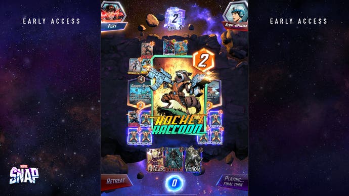 Das digitale Kartenspiel Marvel Snap. Hier dominiert eine Rocket Raccoon-Karte den Bildschirm. Sie ist hell und bunt.