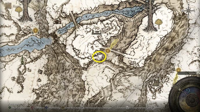 Ein Kartenbildschirm im Elden Ring, der zeigt, wo sich das Kochbuch der Missionare (7) befindet
