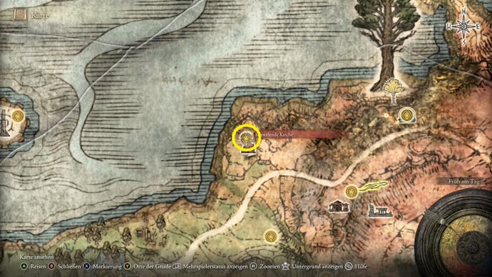 Ein Kartenbildschirm im Elden Ring, der zeigt, wo das Kochbuch der Missionare (3) zu finden ist