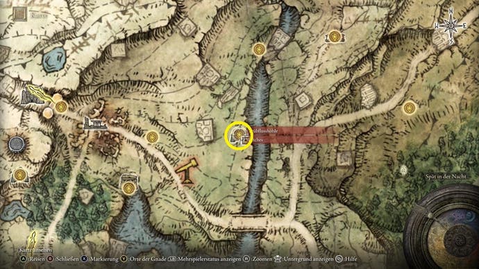 Ein Kartenbildschirm im Elden Ring, der zeigt, wo das Kochbuch der Missionare (2) zu finden ist