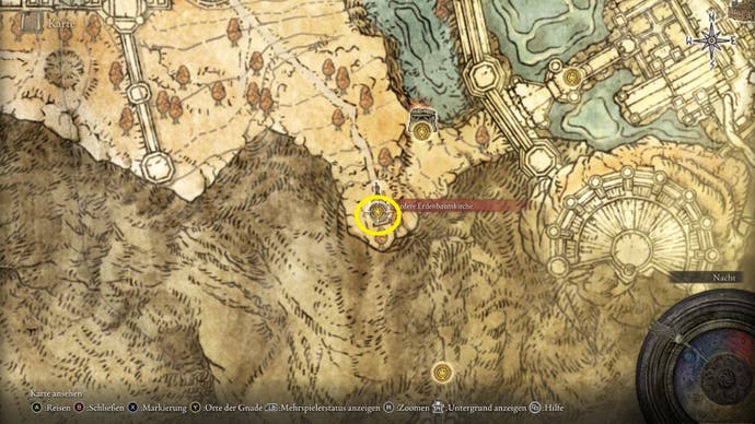 Ein Kartenbildschirm im Elden Ring, der zeigt, wo das Kochbuch der Missionare (4) zu finden ist