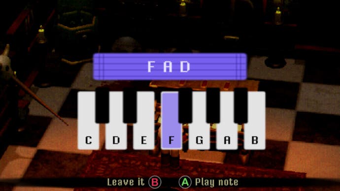 Auf dem Bildschirm ist eine stilisierte Tastatur zu sehen, auf der die Buchstaben C D E F G A B zu sehen sind.