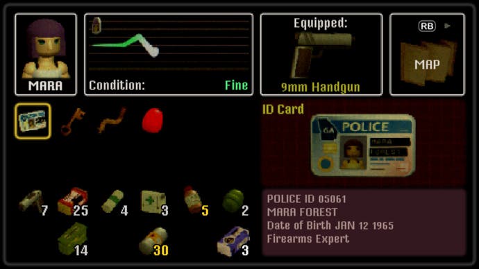 Der Inventarbildschirm von Crow Country. Er zeigt eine Rettungsleine, eine ausgerüstete Waffe, eine Karte und dann alle Gegenstände in ihrem Inventar. Das ist eine ganze Menge.