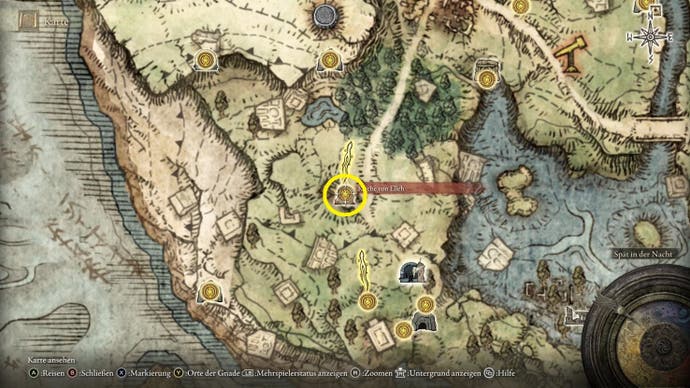 Ein Kartenbildschirm im Elden Ring, der den Standort des Missionary's Cookbook zeigt (1)