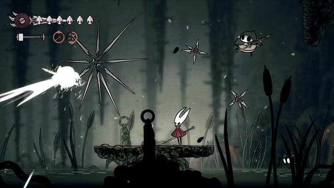 Screenshot von Hollow Knight Silksong zeigt die Hauptfigur Hornet in der grauen Welt der Käfer