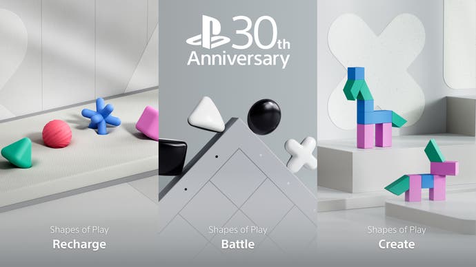 Das Werbebild zeigt das PlayStation-Spielzeugsortiment zum 30-jährigen Jubiläum von Shapes of Play.