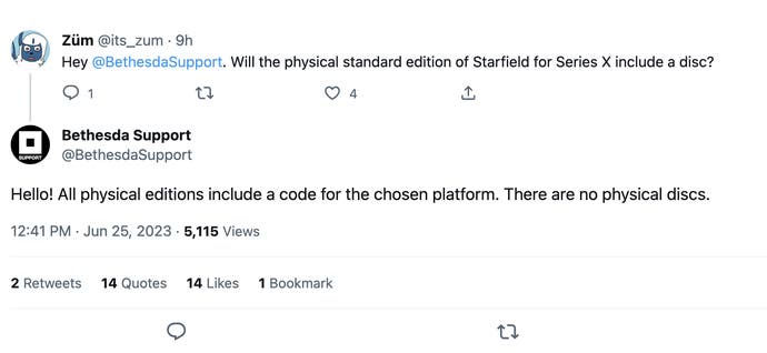Laut Bethesda Twitter Account wird die physische Version von Starfield