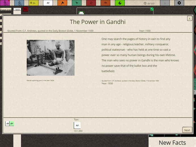 Ein Info-Bildschirm aus Nikhil Murthys Syphilisation, der einen Einblick in Mahatma Gandhis Rolle in der Unabhängigkeitsbewegung gibt.