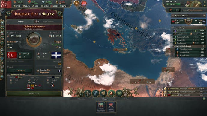 2022 best games Victoria 3 - Screenshot von Nordafrika, mit einem großen Menü auf der linken Seite, das deine diplomatischen Optionen auf dem Balkan anzeigt
