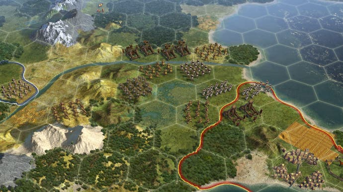 Die neue sechseckige Weltkarte in Civilization V, die die Grenzen zwischen zwei Fraktionen zeigt.