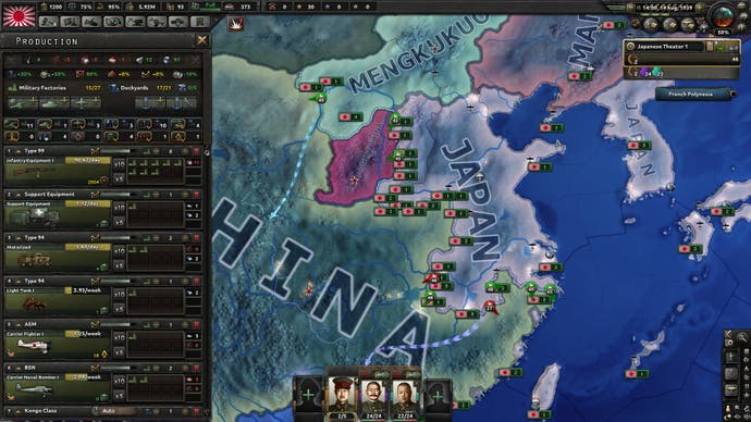 Ein Bildschirmfoto aus dem Strategiespiel Hearts of Iron von Paradox Interactive, das China und Japan zeigt.