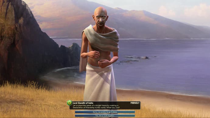 Die Darstellung von Gandhi in Civilization V, gesehen während eines diplomatischen Austauschs.