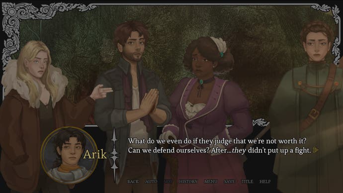 Ein Gespräch aus der Fantasy-Visual-Novel Amarantus, in dem die Charaktere über einen mysteriösen Mord sprechen und sich Sorgen machen, dass sie von den Bäumen aus beobachtet werden.