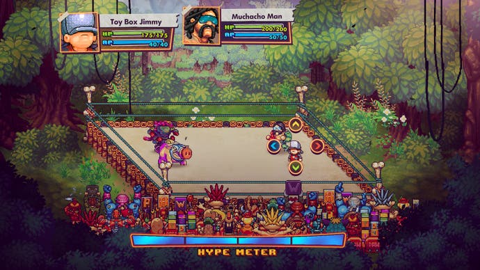 Der WrestleQuest-Bildschirm zeigt einen Pixel-Art-Dschungel mit einem Wrestling-Ring in der Mitte, bunten Sprites und einer belebten Benutzeroberfläche am unteren Rand mit einem hellblauen Hype-Meter