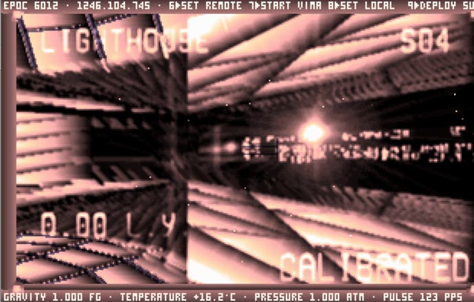 Ein Screenshot aus dem DOS-basierten Weltraumforschungsspiel Noctis, der das depolarisierte Innere des Kristallraumschiffs des Spielers zeigt.