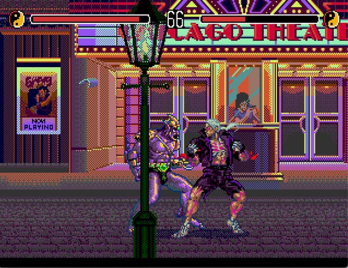 Screenshot von Eternal Champions - zwei Charaktere kämpfen vor einem alten Kino.
