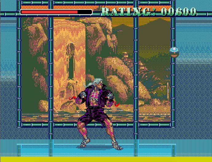 Eternal Champions Screenshot - ein Held vor einem sepiafarbenen Wasserfall.