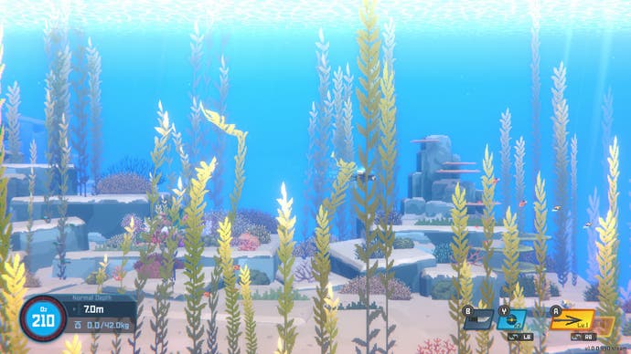 Unterwasser mit blauen Meeren und Korallen, teilweise versteckt durch Seegras in Dave the Diver