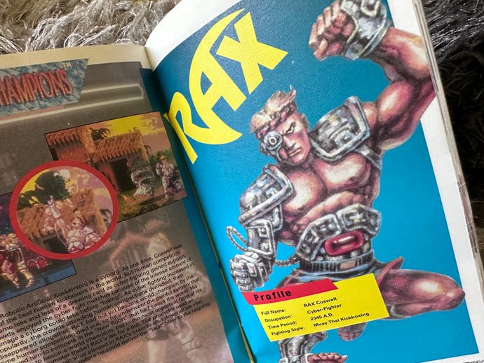 Die ganzseitige Illustration von Rax im Handbuch der Eternal Champions. Er schwingt eine Faust in die Luft und trägt eine seltsame futuristische Rüstung.