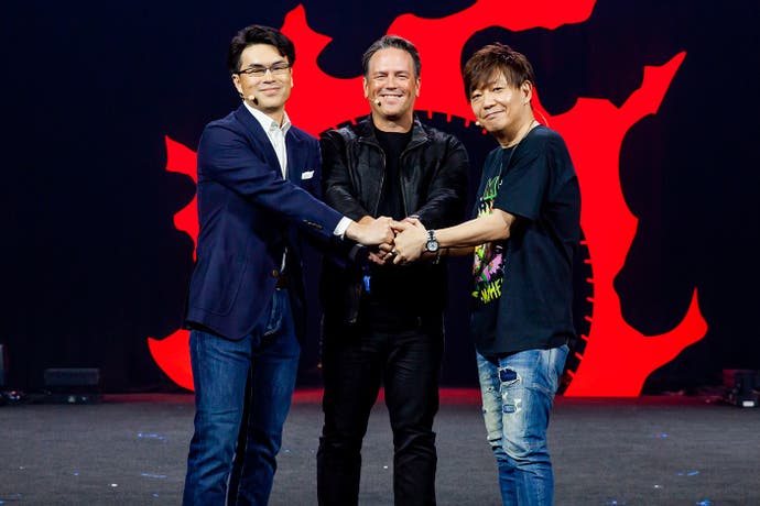Square Enix CEO Takashi Kiryu, Phil Spencer und Naoki Yoshida