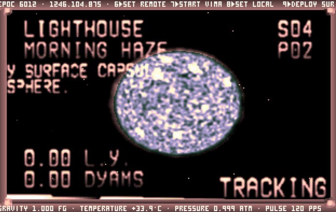 Ein Screenshot aus dem DOS-basierten Weltraumforschungsspiel Noctis, der Himmelsobjekte mit den Namen "Leuchtturm" und "Morning Haze" von der Community des Spiels.