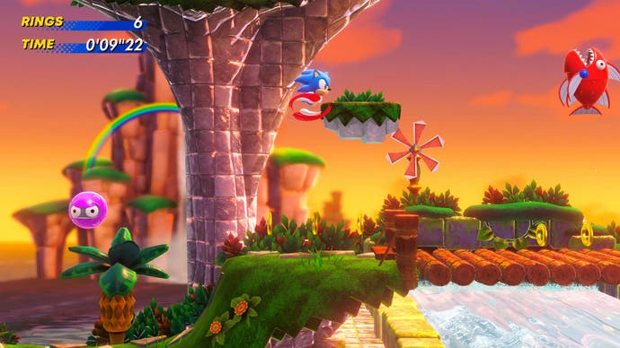 Sonic läuft bei Sonnenuntergang durch die Brückenzone mit toller Beleuchtung