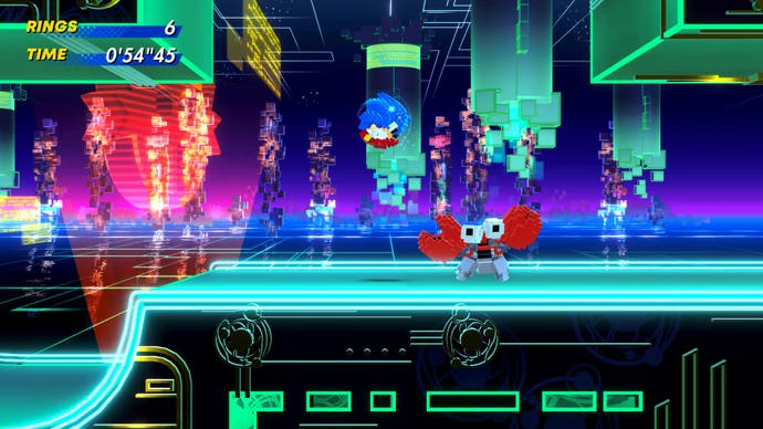 Voxel Sonic springt über eine Krabbe in der Cyber Station Zone