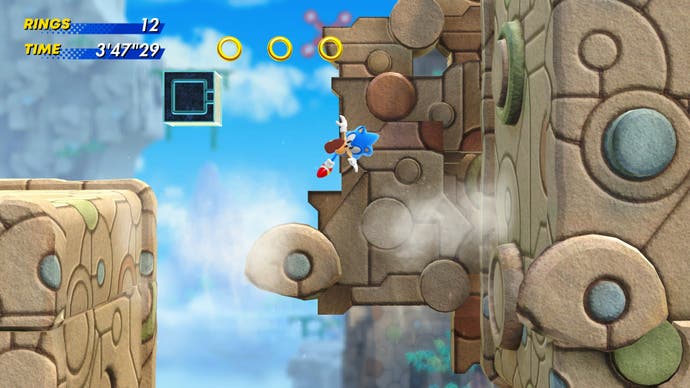 Sonic schwebt in der Luft im Himmelstempel in Sonic Superstars