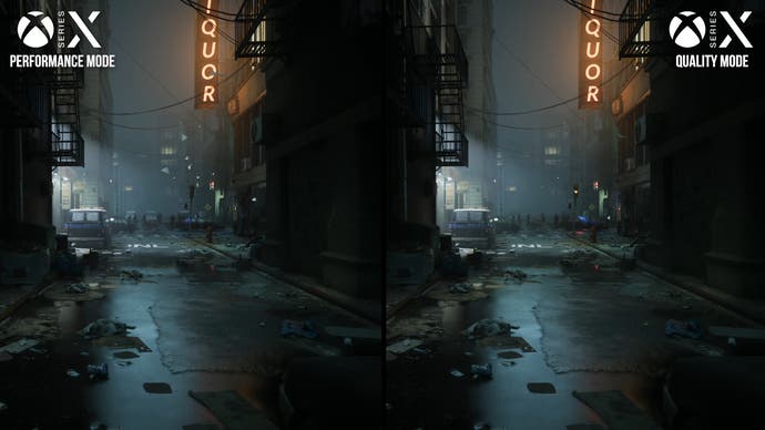 robocop: rogue city Screenshot, der einen Vergleich zwischen Leistungs- und Qualitätsmodus auf der Serie X zeigt