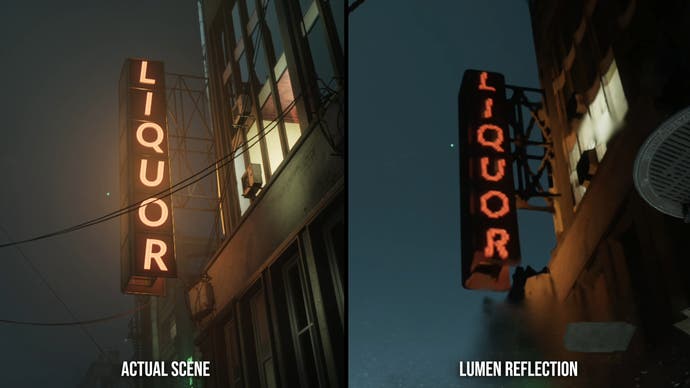 robocop: rogue city screenshot zeigt einen Vergleich zwischen der Szene und ihrem Aussehen in einer Reflexion