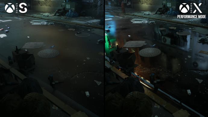 robocop: rogue city screenshot mit fehlenden spiegelungen in der serie s vs. serie x