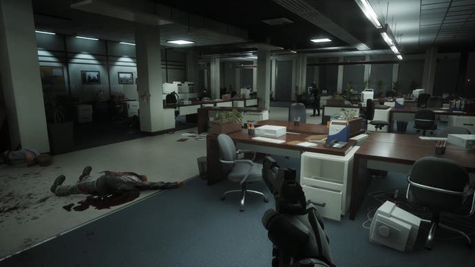 robocop: rogue city screenshot mit indirekter beleuchtung in einem büro