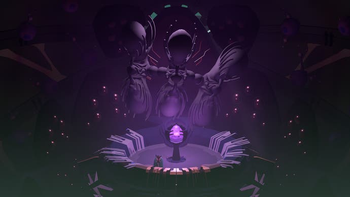 Screenshot aus Cocoon mit einem neuen Boss, der sich über einer lila Kugel erhebt, während der insektoide Protagonist des Spiels zusieht