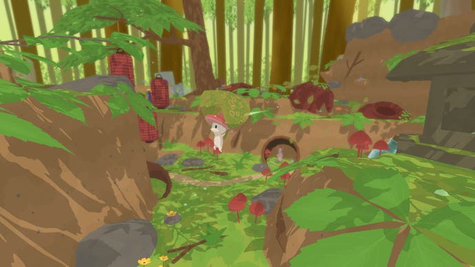 Ein Bildschirmfoto aus Smushi Come Home. Ein kleiner Pilzmensch steht auf dem Boden eines Waldes im Illustrationsstil. Die ganze Szene ist sehr grün und braun.