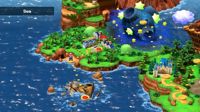 Dies ist ein Screenshot des Kartenbildschirms von Super Mario RPG, der einen Küstenabschnitt der Karte mit einem Pfad zwischen den Orten zeigt