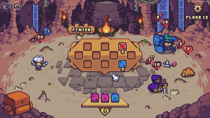 Ein Bildschirmfoto aus Die in the Dungeon: Origins zeigt das verpixelte Innere einer Höhle, in der die Charaktere auf der rechten und linken Seite des Bildschirms gegeneinander antreten. In der Mitte sind Würfel - Würfel, die entscheiden, wer gewinnt und wer verliert.
