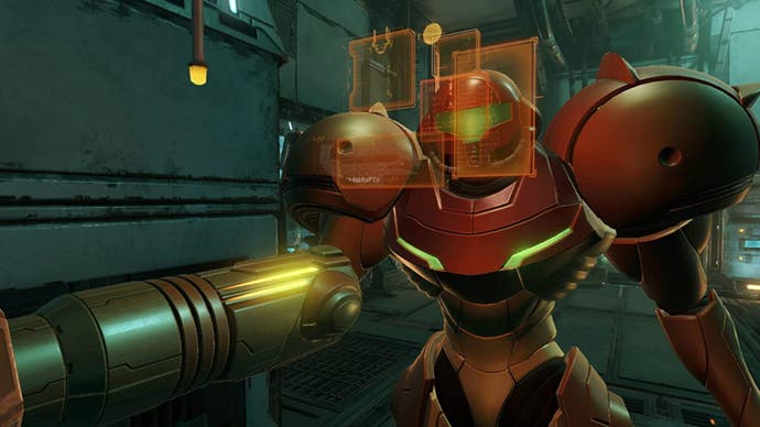 Auf diesem Screenshot aus Metroid Prime starrt Samus in ein holografisches Interface: Remastered.