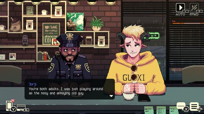 Coffee Talk 2 Rezension - Screenshot zeigt einen Polizisten, der mit einer unbeholfenen Ziegenperson in einem orangefarbenen Kapuzenpulli spricht