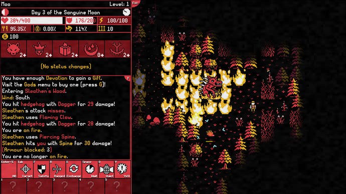 Der offizielle Screenshot von Moonring zeigt einen roten Teufel in einem flammenden Wald auf der rechten Seite und einen Textkasten auf der linken Seite, im schwarzen Retro-Hintergrund.