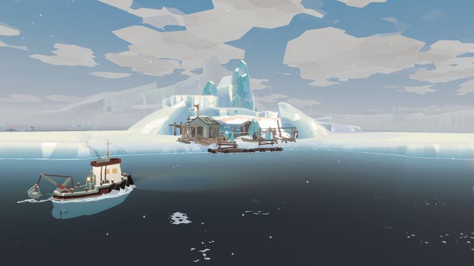 Ein Screenshot aus der Dredge-Erweiterung The Pale Reach zeigt ein Fischerboot, das sich einem baufälligen Steg und einer Hütte nähert, die am Rande eines Eisbergs gebaut wurden.