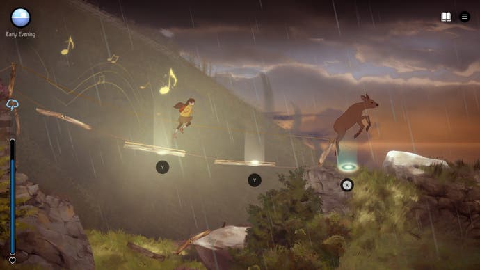 Der Screenshot von A Highland Song zeigt Moira, wie sie ein Reh zu musikalischen Sprunganweisungen jagt