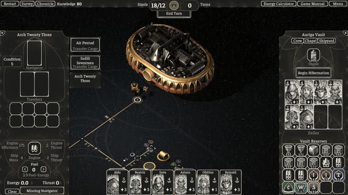 Screenshot aus The Banished Vault, der das Vault-Schiff und ein Overlay des Lagers und der Exiles an Bord zeigt