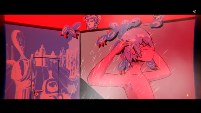Eine stark stilisierte Illustration aus Mediterranea Inferno zeigt einen jungen Mann, Claudio, der sich unter der Dusche die Haare wäscht. Das Bild ist in ein unnatürliches rotes Licht getaucht und man sieht Kakteenzweige, die über das Dach der Kabine kriechen.