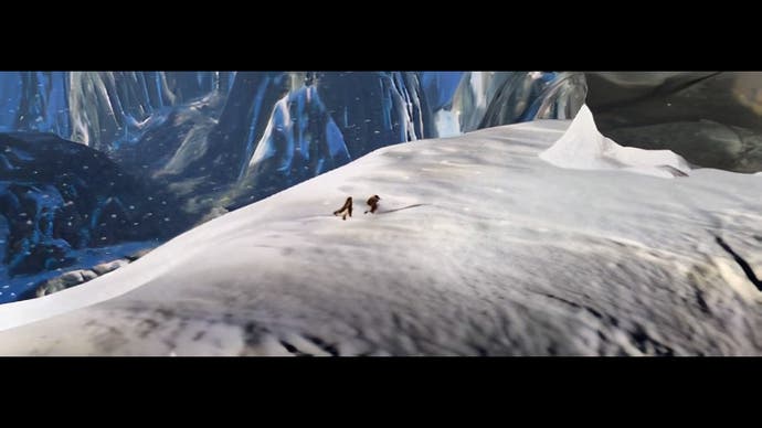 Eine Gruppe von Abenteurern überquert einen verschneiten Berg auf dem Bildschirm von Tomb Raider Remastered