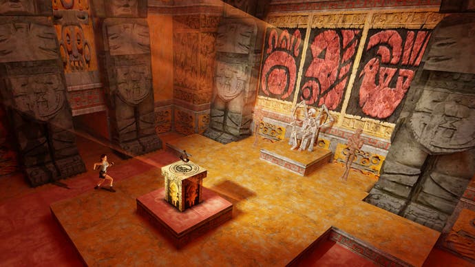 In diesem Bild aus Tomb Raider Remastered nähert sich Lara Croft einer erhöhten Plattform in einem Tempel, während ein Skelett auf einem Thron zusieht.