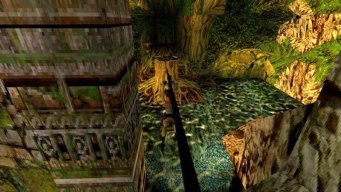 In diesem Bild aus Tomb Raider Remastered navigiert Lara auf einer Seilbahn durch den Dschungel