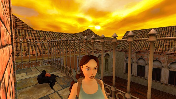 Lara vor einem Sonnenuntergang in Venedig in diesem Bildschirm aus Tomb Raider Remastered